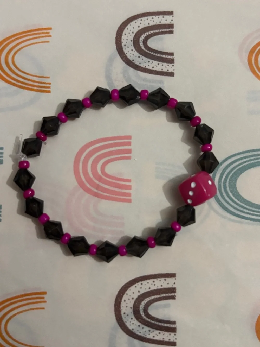 Kids Pink and Black Beaded Bracelet with Dice Accent